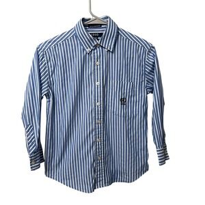 IZOD Boys Long‎ Sleeve Button Down Shirt Size 8 Blue White Stripe Pocket Logo